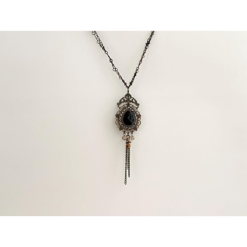 Victorian Inspired Teardrop Shaped Bronzed Faux Filigree Pendant Necklace - 18" - Picture 12 of 14